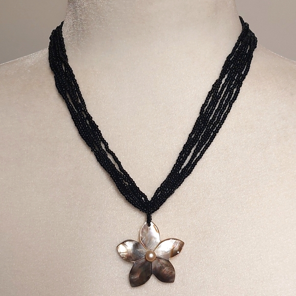 Source Unknown Jewelry - Beaded Multi-Strand Necklace with Abslone Flower Pendant - Handmade